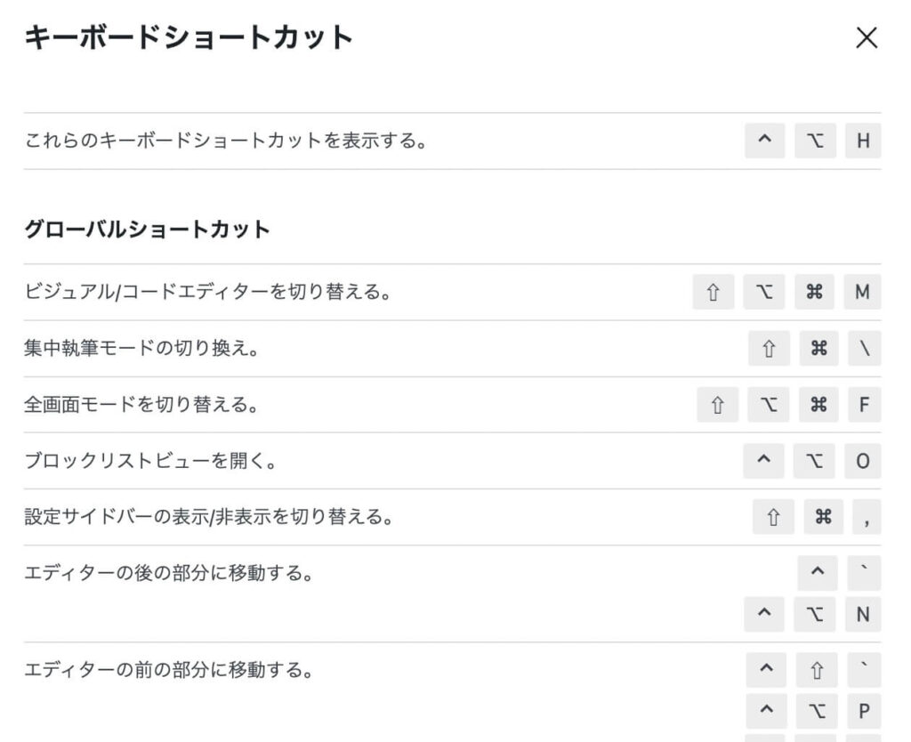 ショートカット一覧